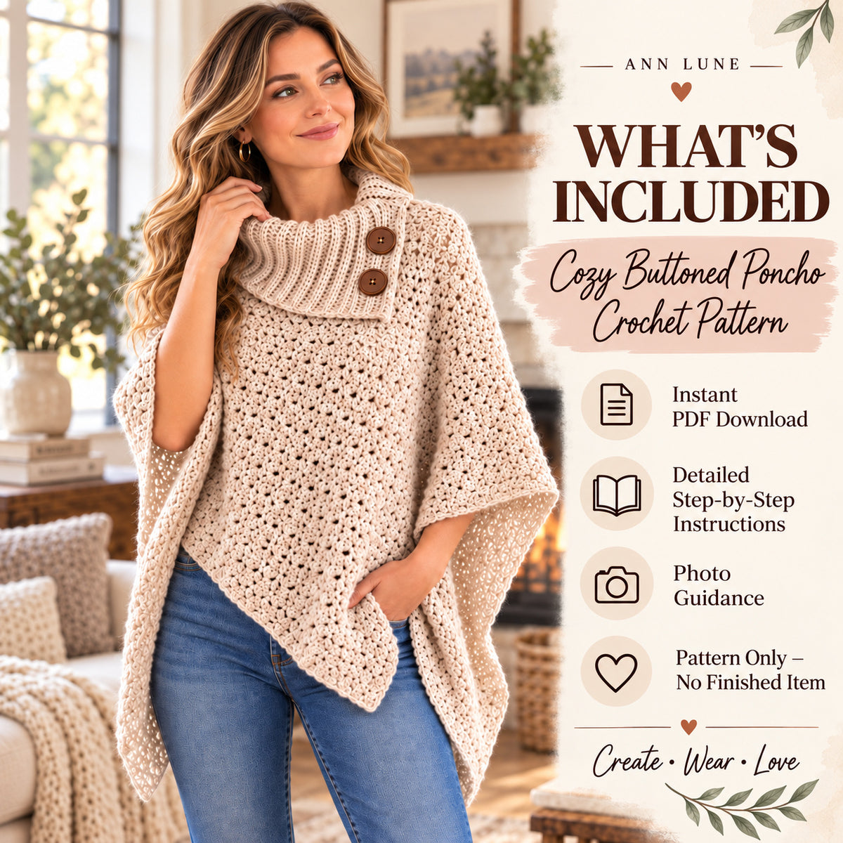 Cozy Buttoned Poncho Crochet Pattern PDF – Women’s Cowl Neck Crochet Poncho & Winter Wrap