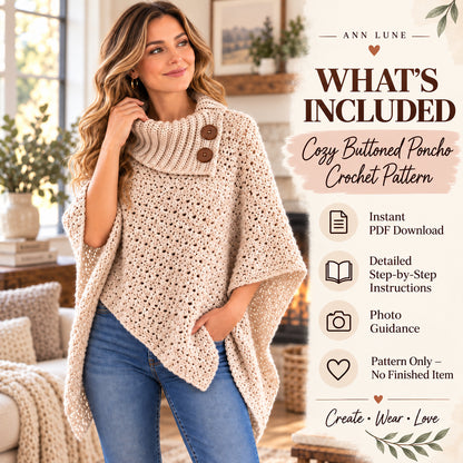 Cozy Buttoned Poncho Crochet Pattern PDF – Women’s Cowl Neck Crochet Poncho & Winter Wrap