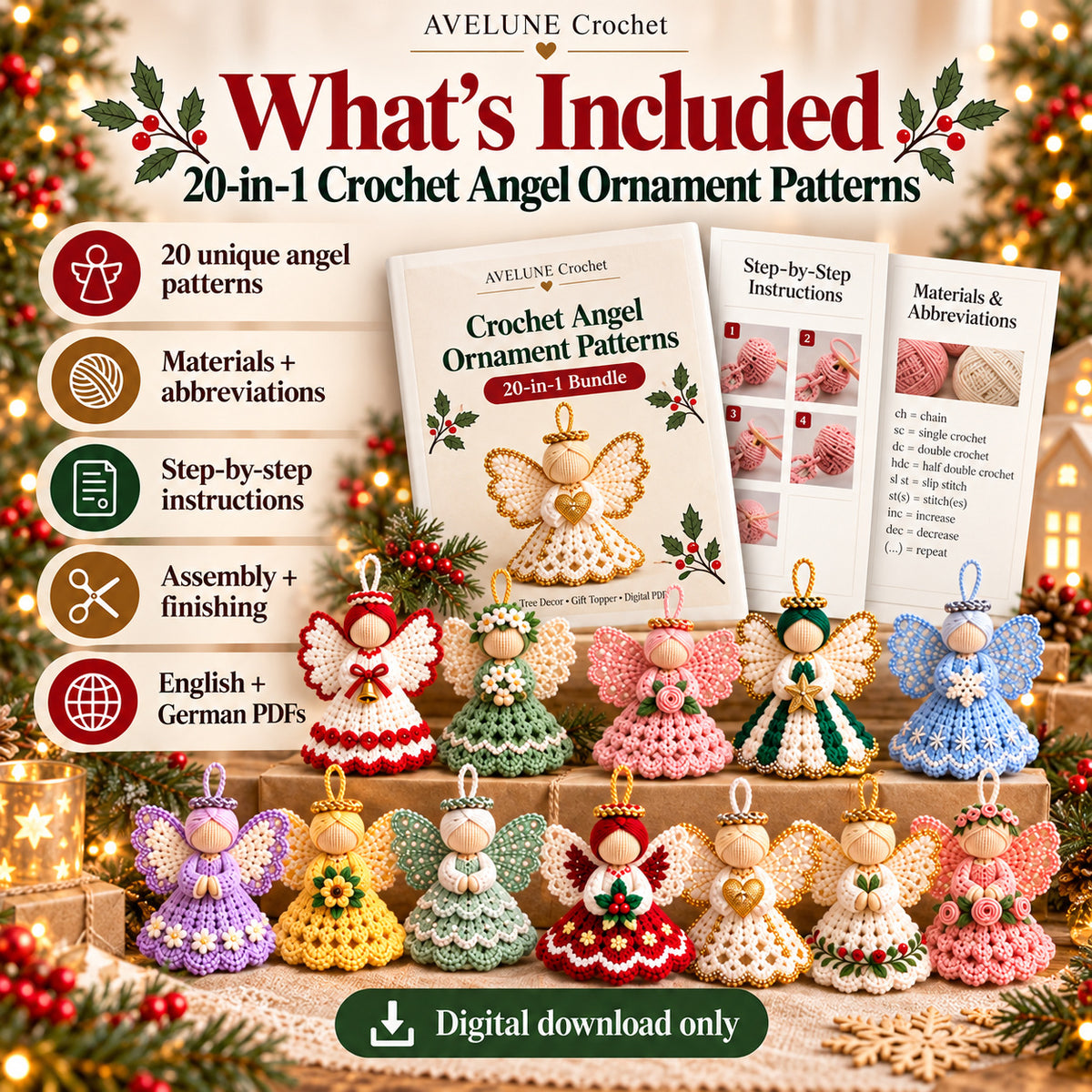 20-in-1 Crochet Angel Ornament Pattern PDF Bundle | Christmas Tree Decor & Gift Toppers