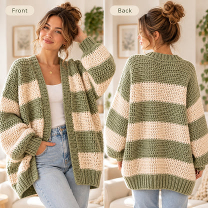 Oversized Chunky Cardigan Crochet Pattern PDF - Beginner Friendly Striped Sweater - Cozy Crochet Cardigan Pattern