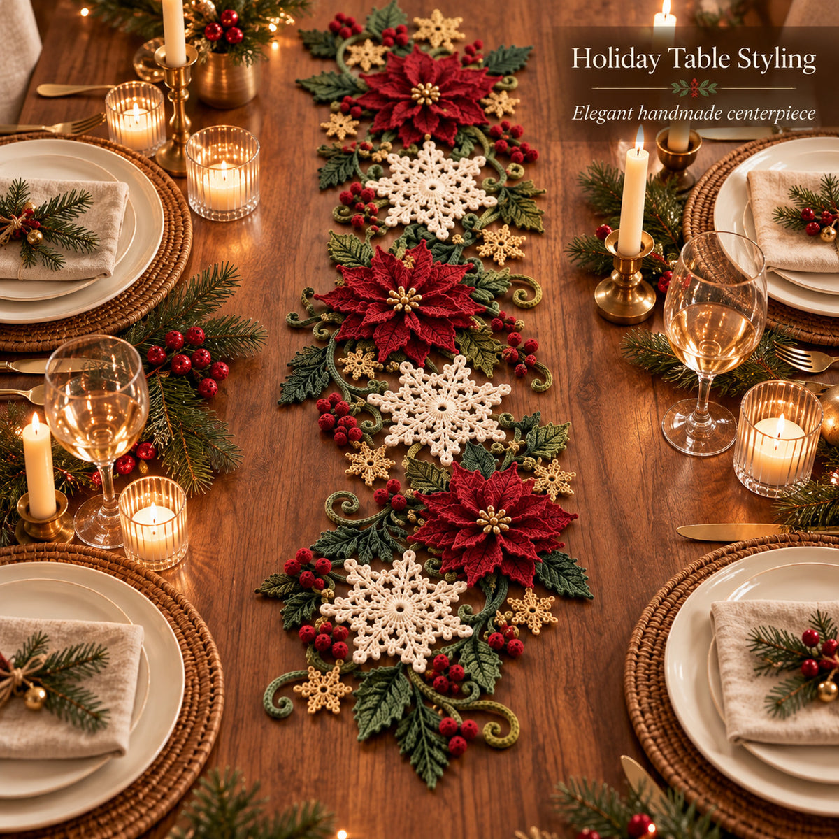 Christmas Table Runner Crochet Pattern PDF | 3D Poinsettia & Snowflake Holiday Table Decor