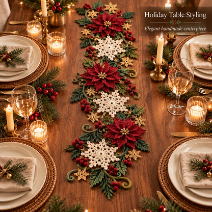 Christmas Table Runner Crochet Pattern PDF | 3D Poinsettia & Snowflake Holiday Table Decor