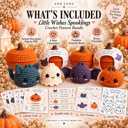 Little Wishes Spooklings Crochet Pattern Bundle PDF – Halloween Cat, Ghost, Bat & Pumpkin Amigurumi
