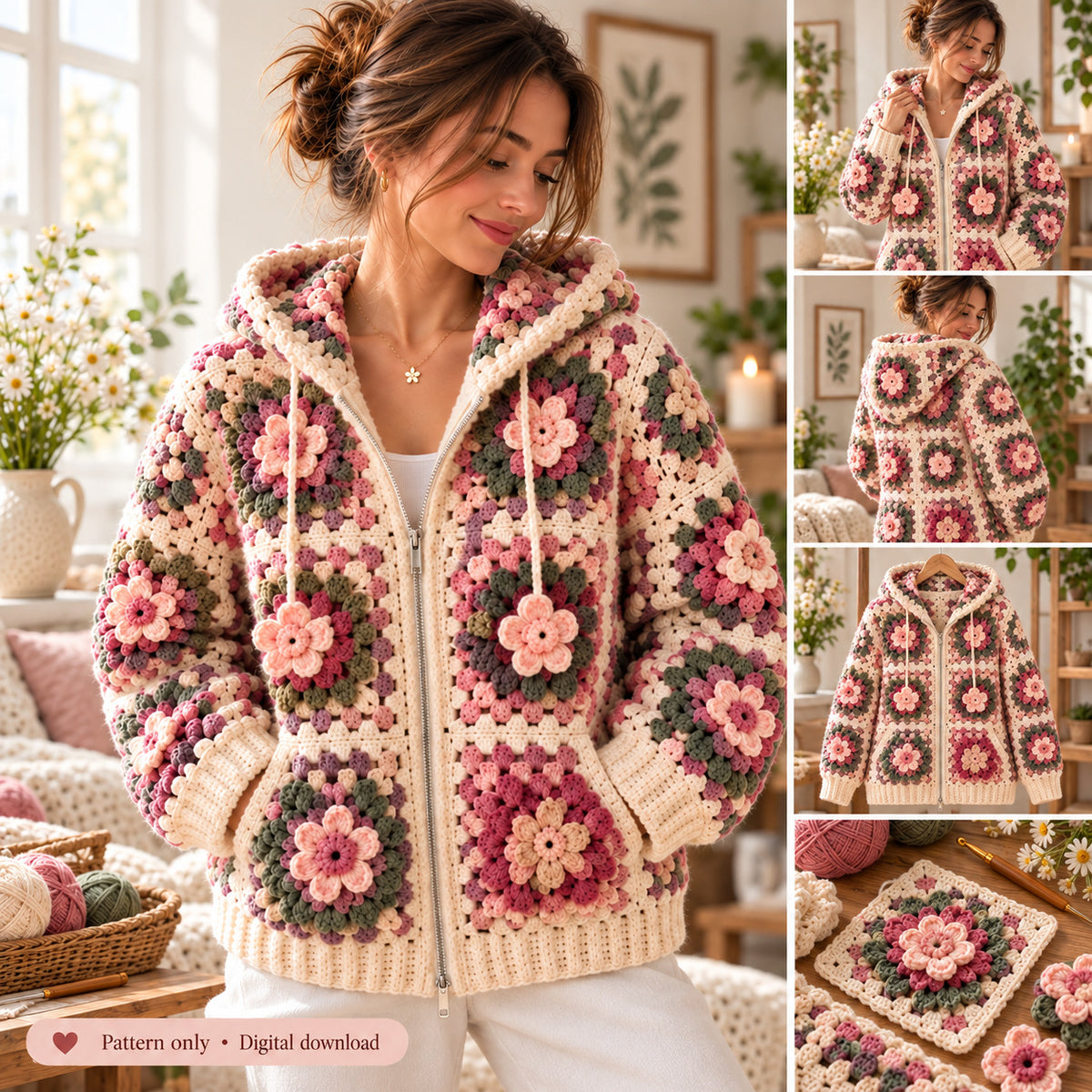 Floral Granny Square Hoodie Crochet Pattern PDF | 3D Flower Zip-Up Cardigan
