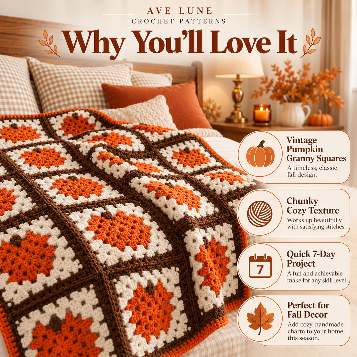 Pumpkin Season Throw Crochet Pattern PDF – Chunky Granny Square Pumpkin Blanket, Fall Home Decor