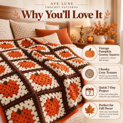 Pumpkin Season Throw Crochet Pattern PDF – Chunky Granny Square Pumpkin Blanket, Fall Home Decor