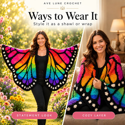 Rainbow Butterfly Wing Shawl Crochet Pattern PDF | Colorful Crochet Wrap
