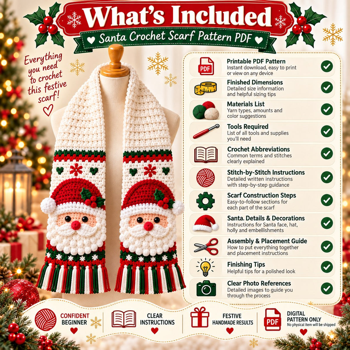 Santa Crochet Scarf Pattern PDF | Christmas Holiday Scarf Pattern