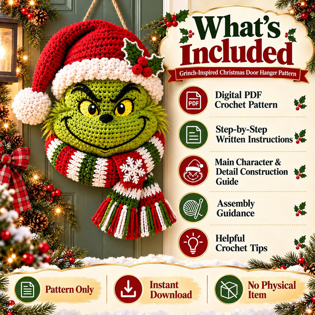 Green Christmas Character Door Hanger Crochet Pattern PDF | Festive Holiday Wall Decor | Christmas Crochet Pattern