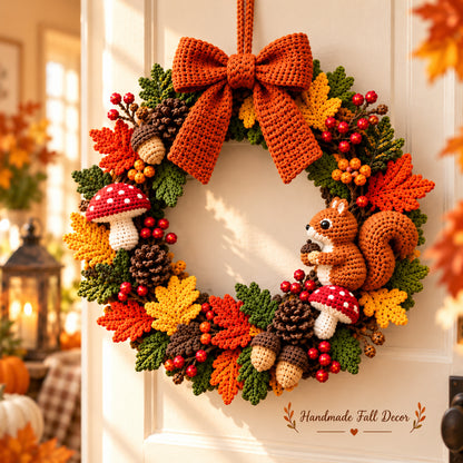 Woodland Autumn Wreath Crochet Pattern PDF – Fall Wreath with Squirrel, Mushrooms & Acorns