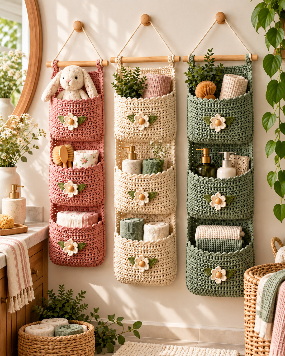 Crochet Wall Organizer Pattern PDF – 3 Sizes, Floral Hanging Storage