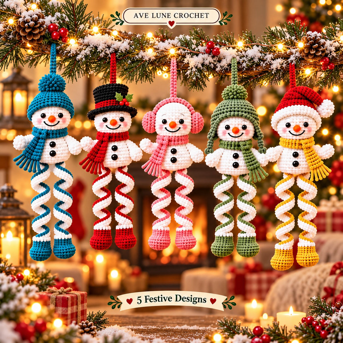 Christmas Spiral Snowman Crochet Pattern PDF – 5 Festive Ornament Designs