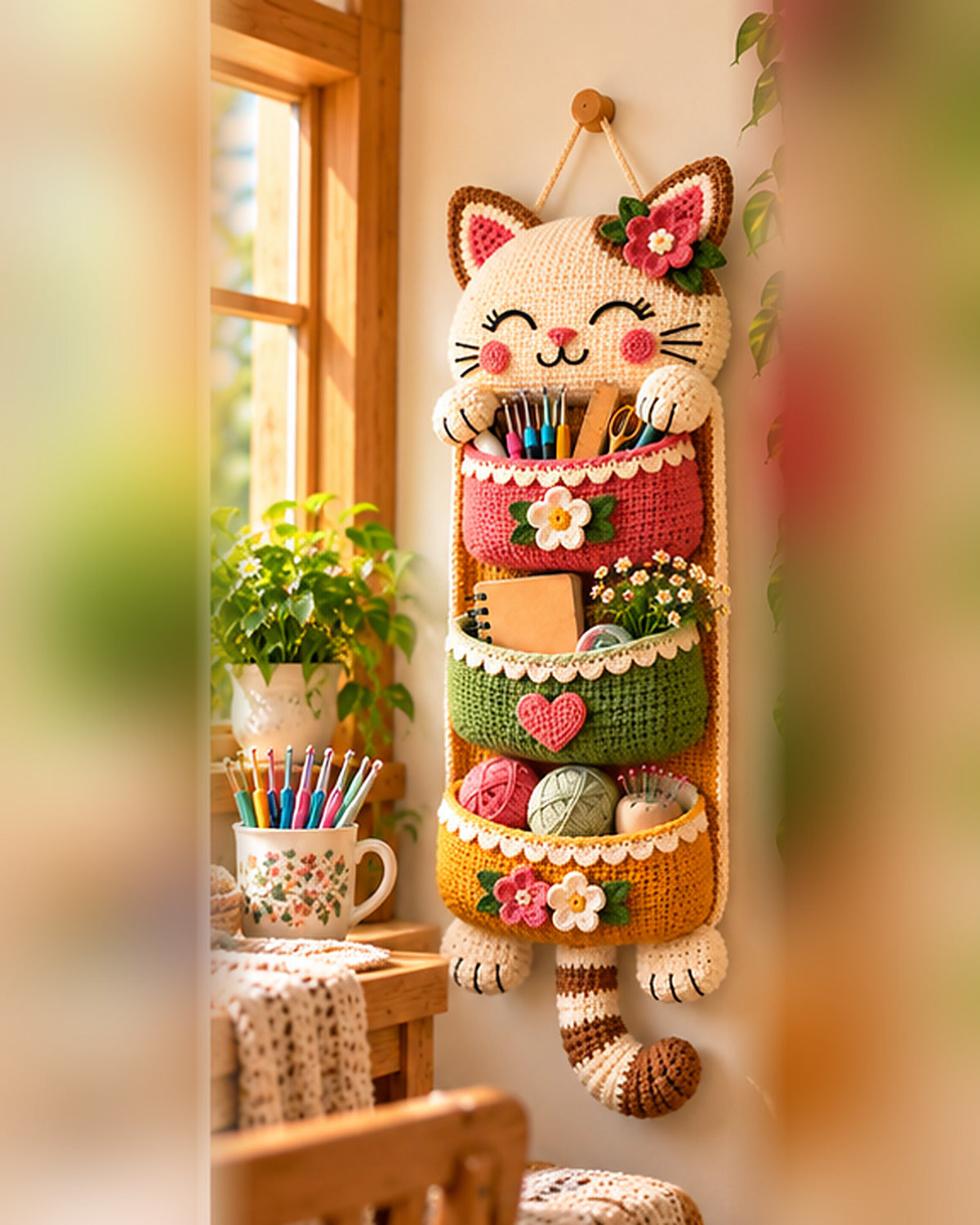 Crochet Cat Wall Organizer Pattern PDF – 3-Pocket Hanging Storage