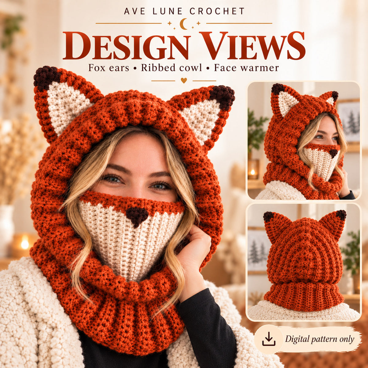 Fox Hooded Cowl Crochet Pattern PDF – Fox Ear Balaclava & Neck Warmer