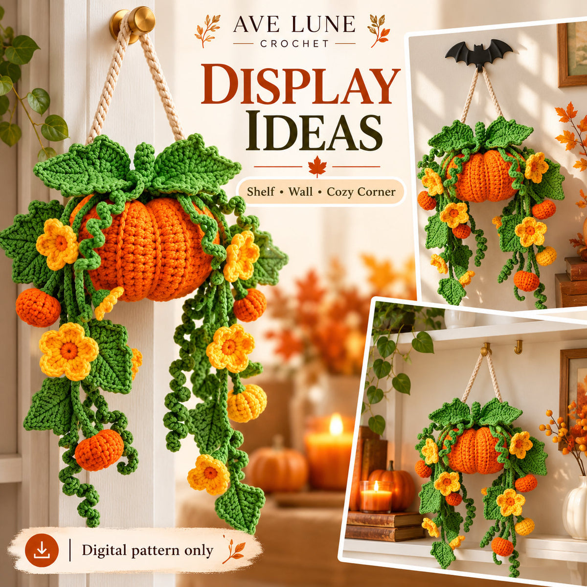 Pumpkin Hanging Crochet Pattern PDF – Fall Wall Decor, Autumn Pumpkin Plant