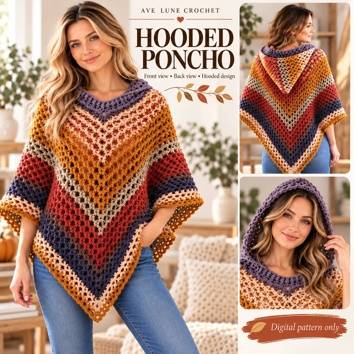 Autumn Leaves Hooded Poncho Crochet Pattern PDF + Video Tutorial