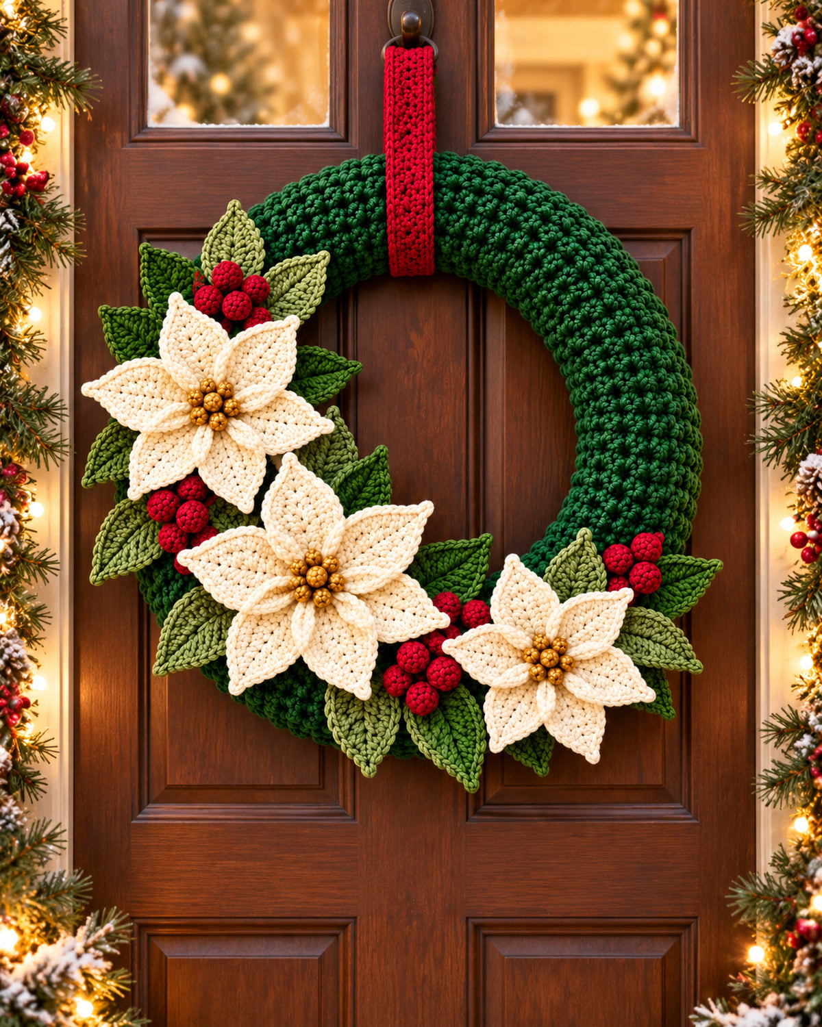 Crochet Christmas Wreath Pattern PDF – Poinsettias & Berries