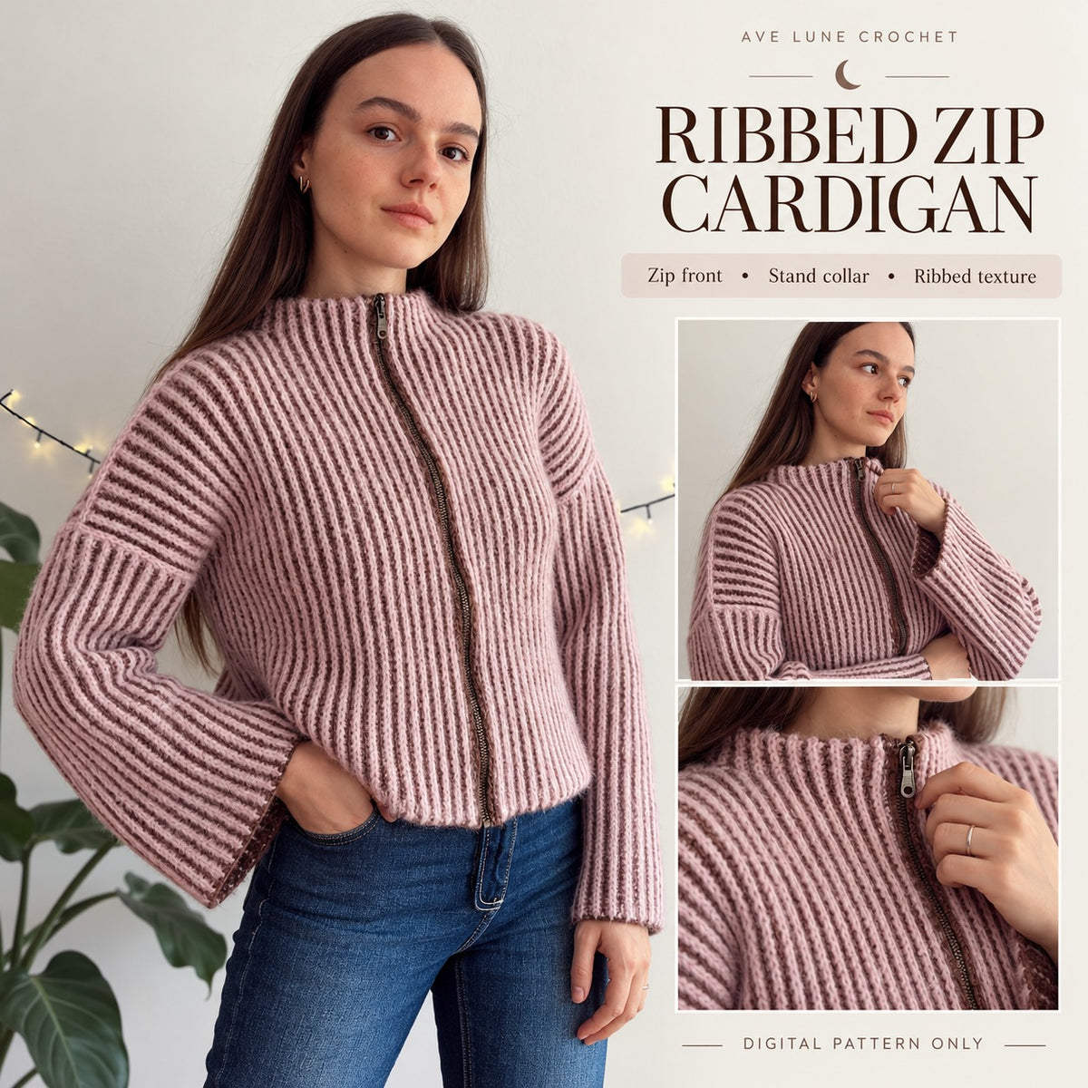 Ribbed Zip-Up Cardigan Crochet Pattern PDF + Video Tutorial | Made to Measure
