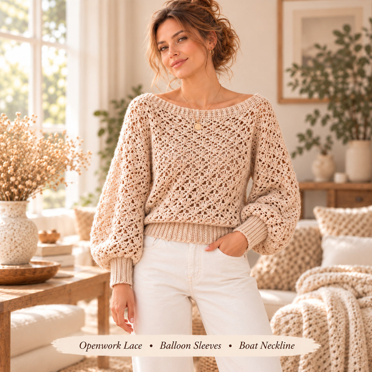 Crochet Lace Pullover Pattern PDF – Balloon Sleeves