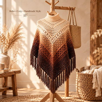 Crochet Ombre Fringe Poncho Pattern PDF – Boho Granny Stripe Wrap