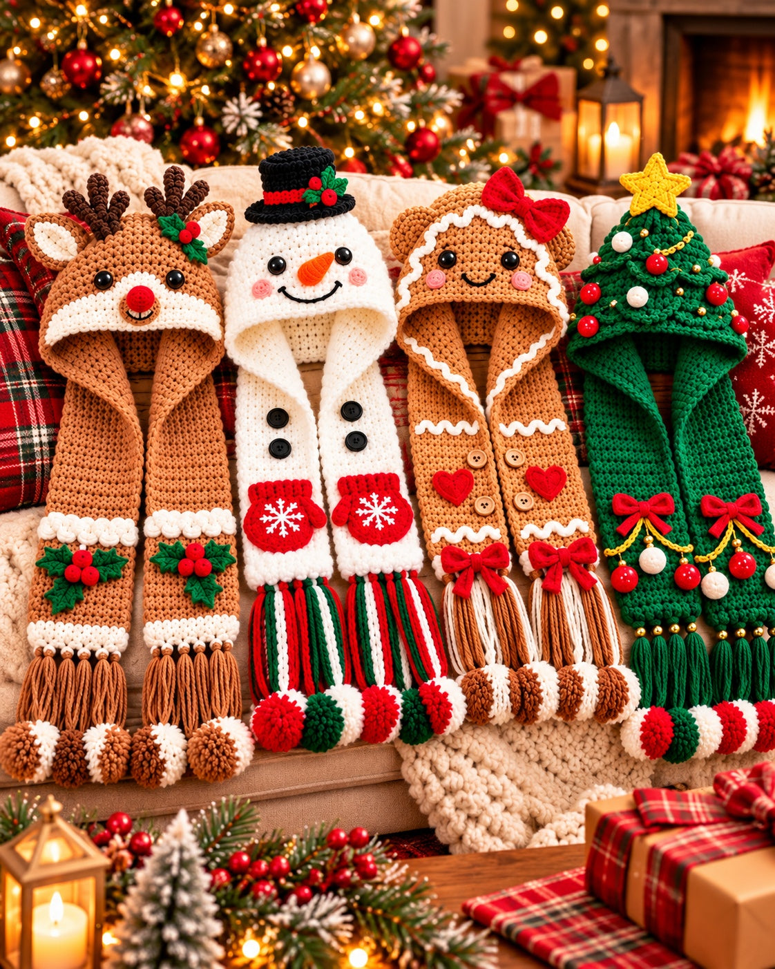 Christmas Hooded Scarf Crochet Pattern PDF – 4 Designs | Ave Lune Crochet
