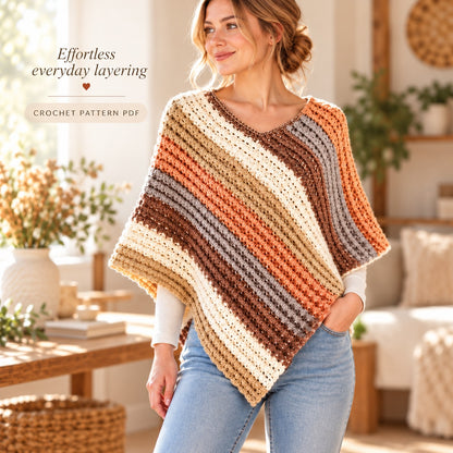 Crochet Sunset Poncho Pattern PDF + Video Tutorial – Boho Striped Wrap