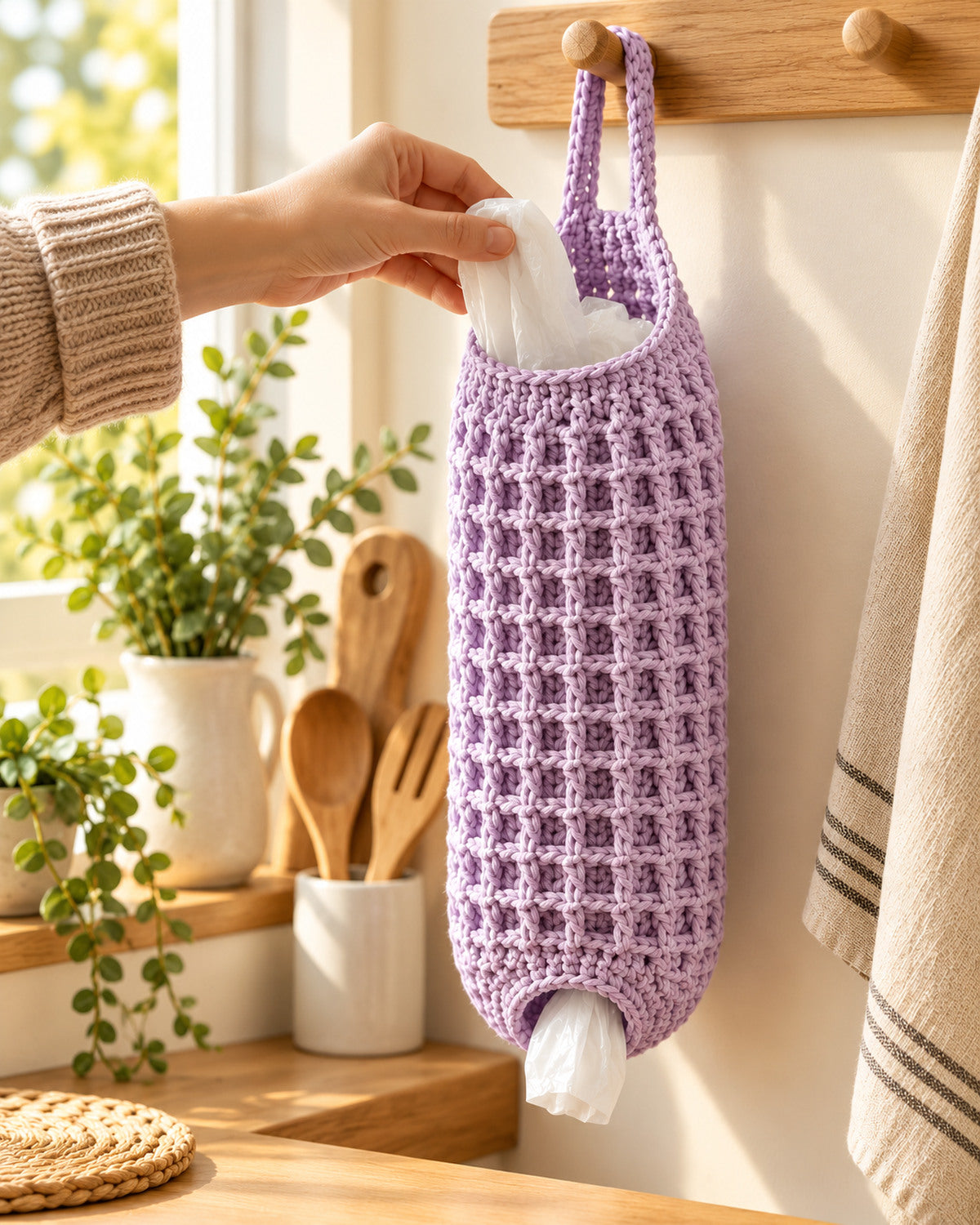 Crochet Plastic Bag Holder Pattern PDF – Hanging Kitchen Bag Dispenser