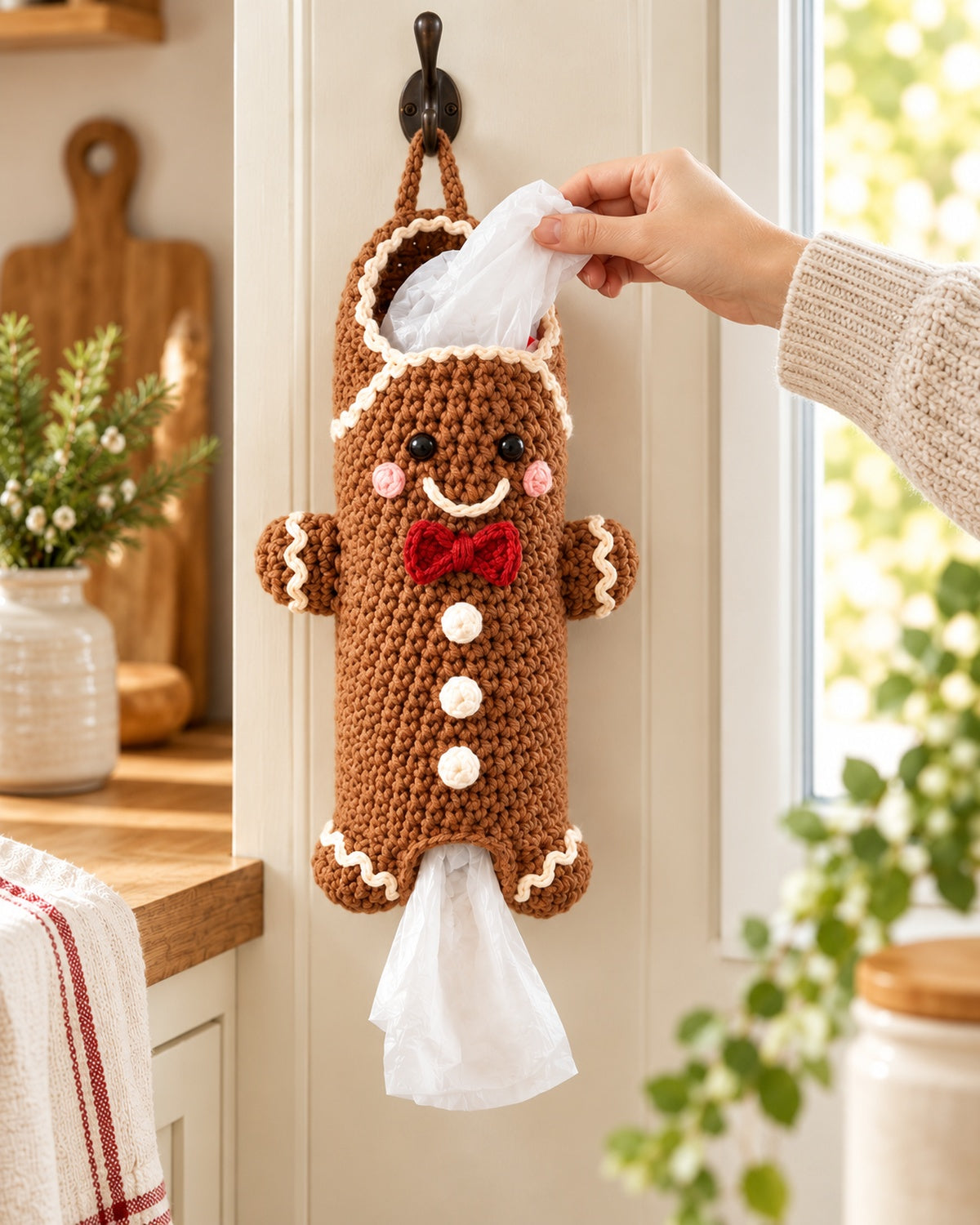 Gingerbread Man Bag Keeper Crochet Pattern PDF – Christmas Plastic Bag Holder