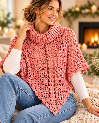 Turtleneck Poncho Crochet Pattern PDF – Openwork Lace Poncho for Women
