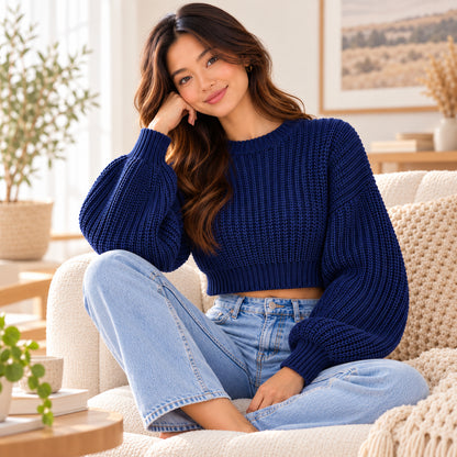 Navy Cloud Crochet Sweater Pattern PDF – Cropped Balloon Sleeve Pullover