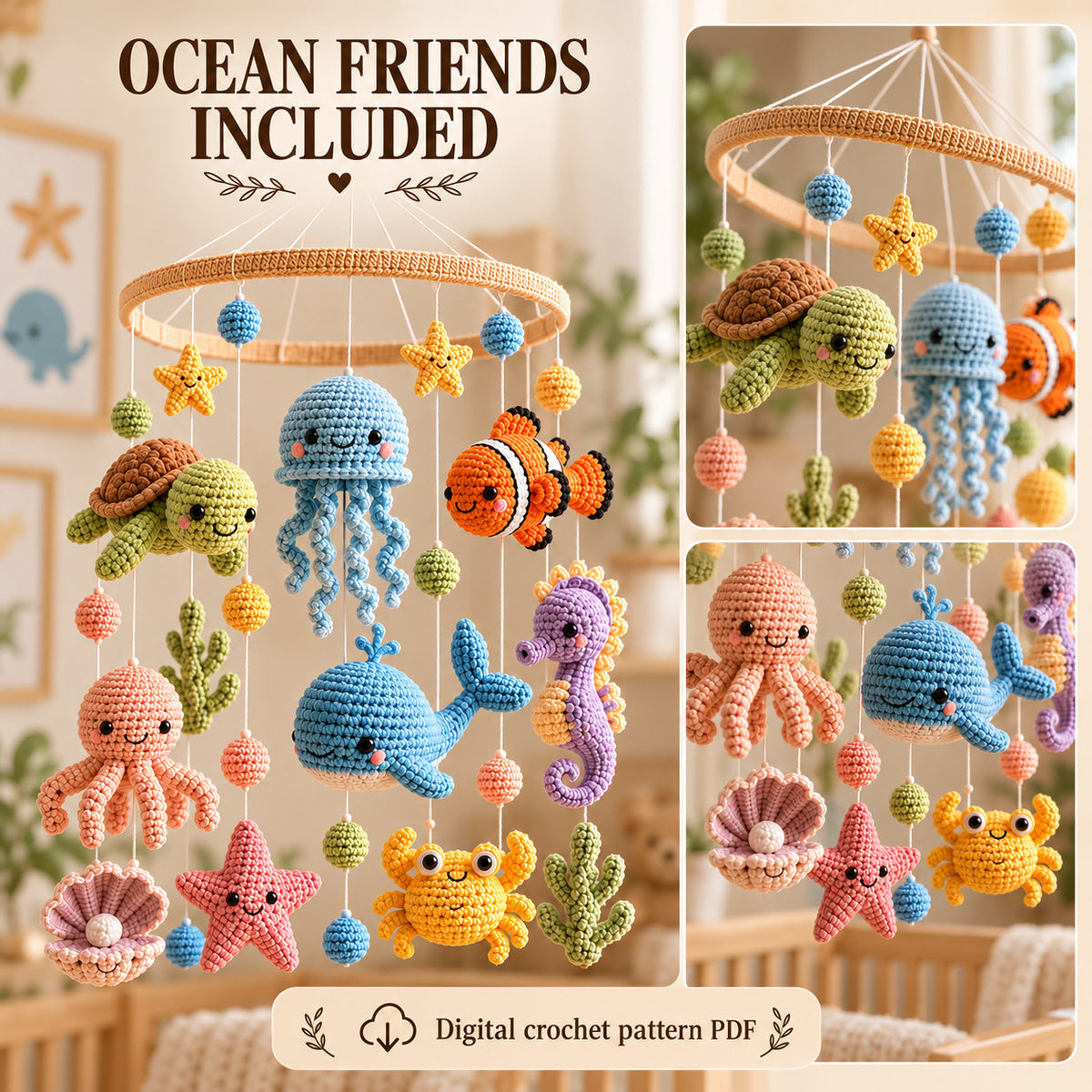 Ocean Animals Baby Mobile Crochet Pattern PDF – Amigurumi Sea Animals & Nursery Decor