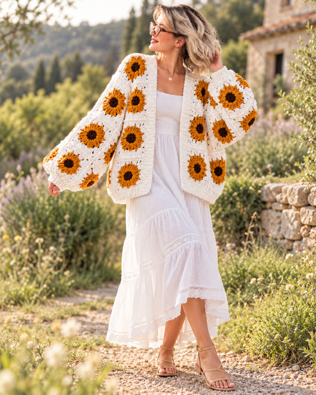 Sunflower Granny Square Cardigan Crochet Pattern PDF – Oversized Floral Cardigan