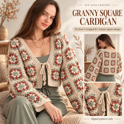 Granny Square Cardigan Crochet Pattern PDF – Tie Front, Made to Measure