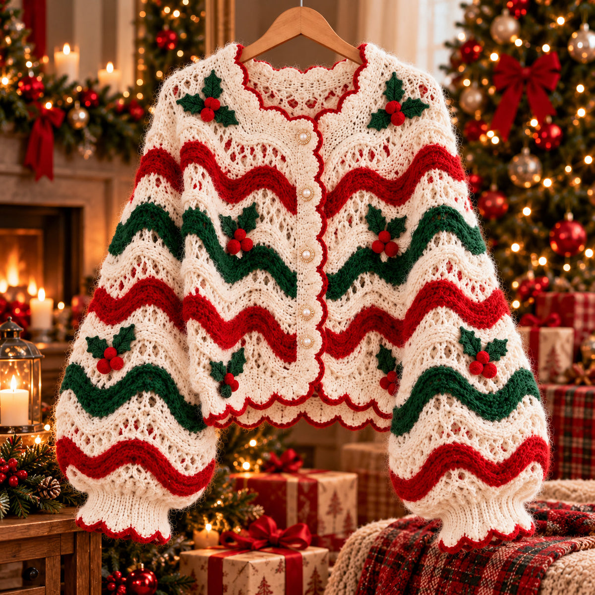 Christmas Holly Cardigan Crochet Pattern PDF – Festive Holiday Sweater for Adults