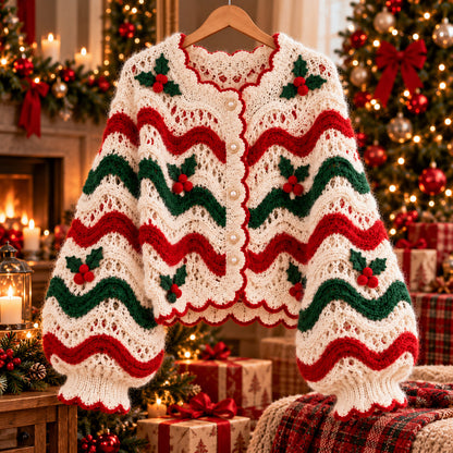 Christmas Holly Cardigan Crochet Pattern PDF – Festive Holiday Sweater for Adults