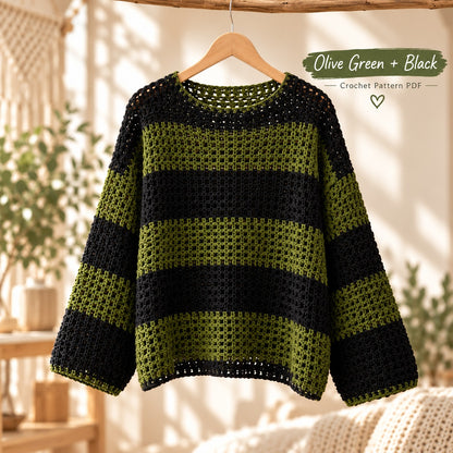 Oversized Striped Mesh Sweater Crochet Pattern PDF – Beginner Friendly Pullover