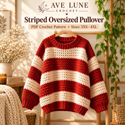 Oversized Striped Crochet Sweater Pattern PDF – Sizes 3XS–4XL Pullover