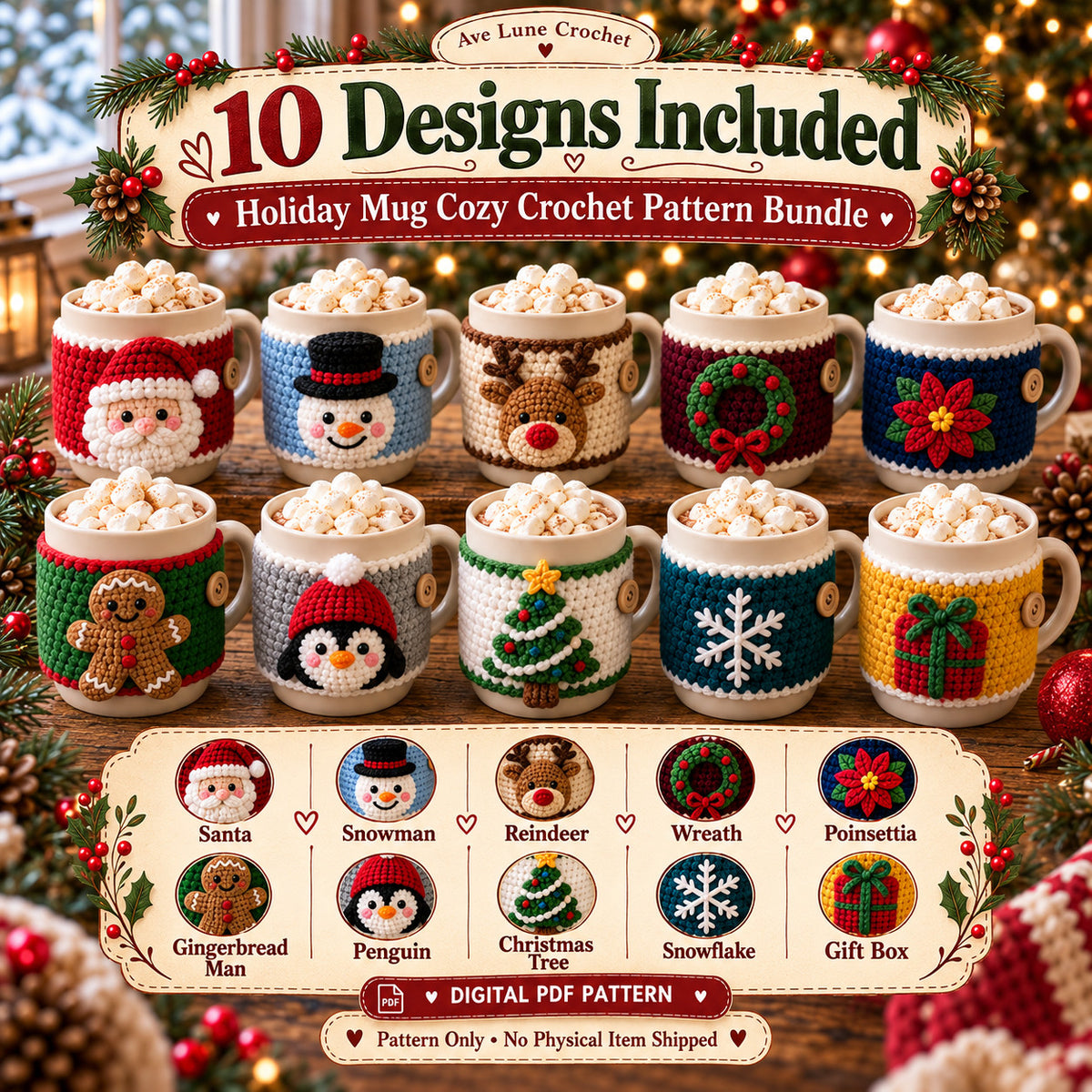 10 Christmas Mug Cozy Crochet Patterns PDF Bundle, Beginner Holiday Cup Cozy Patterns, English Digital Download