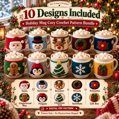 10 Christmas Mug Cozy Crochet Patterns PDF Bundle, Beginner Holiday Cup Cozy Patterns, English Digital Download