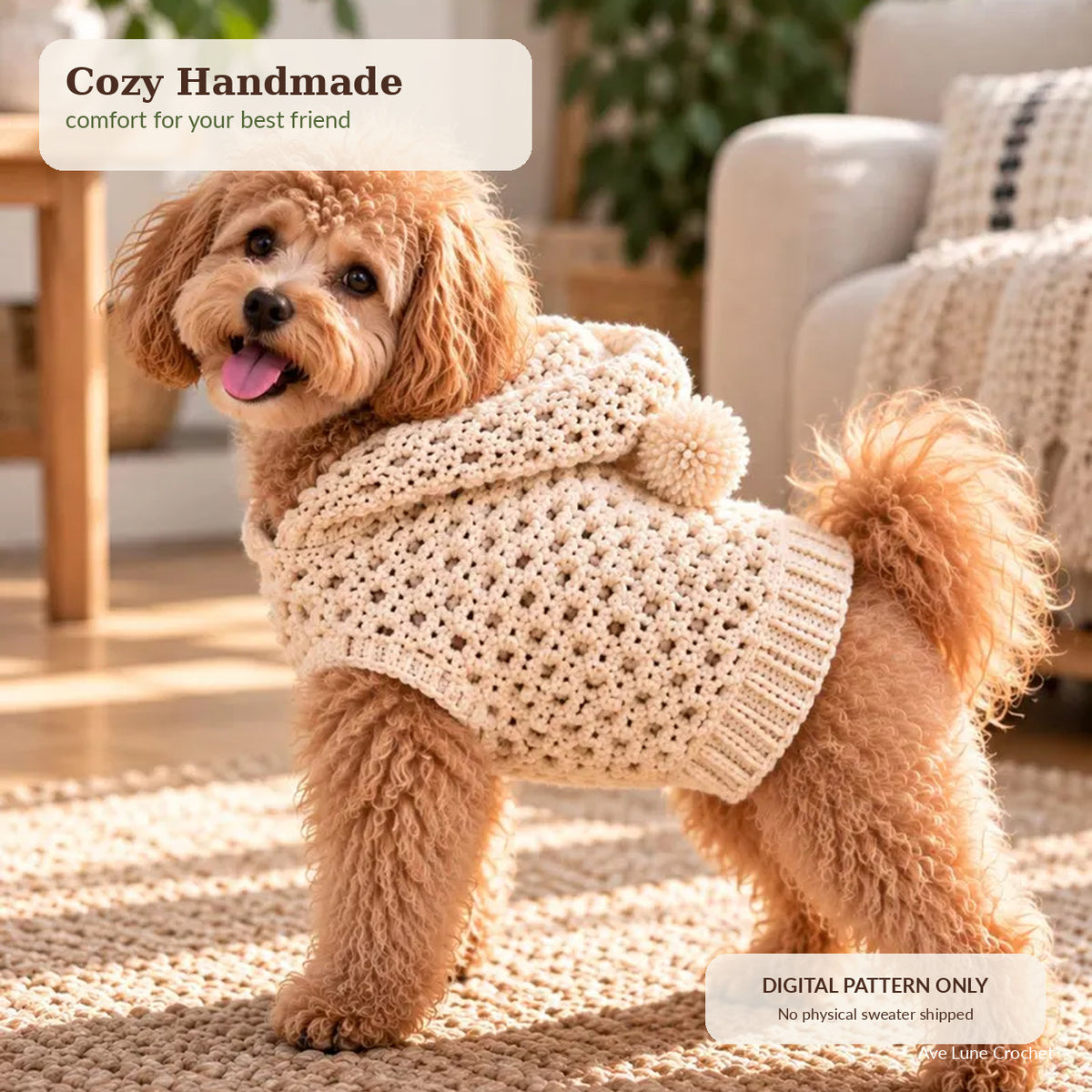 Crochet Hooded Dog Sweater Pattern PDF, Dog Hoodie Crochet Pattern, Sizes XS–L, English German French