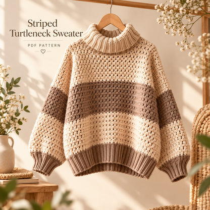 Striped Turtleneck Crochet Sweater Pattern PDF – XS–5XL