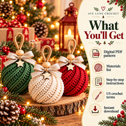 Christmas Ornament Crochet Pattern Bundle PDF, 3 Crochet Bauble Patterns, Beginner Holiday Decor, Digital Download