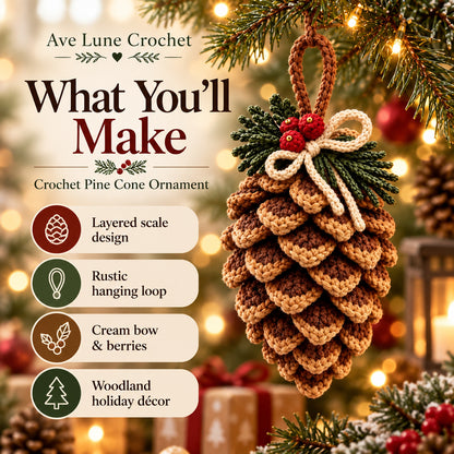 Crochet Pine Cone Ornament Pattern PDF, Christmas Pinecone Crochet Decor, Beginner Woodland Ornament Digital Download