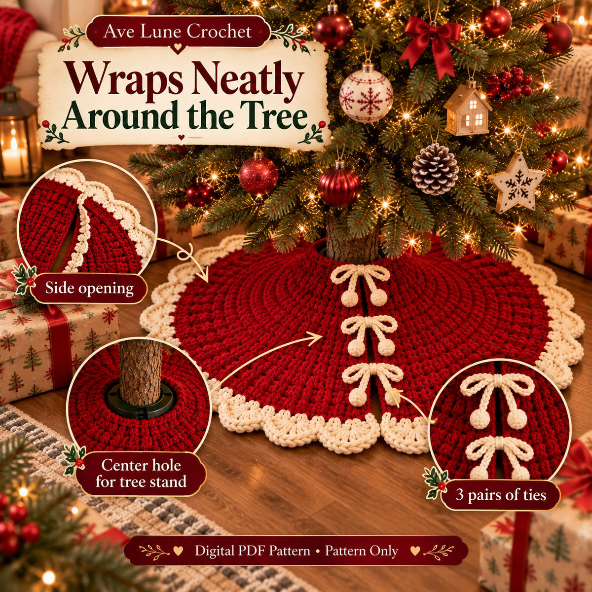 Christmas Tree Skirt Crochet Pattern PDF, Beginner Crochet Tree Skirt, 2 Sizes 30 & 40 Inch, 5 Languages