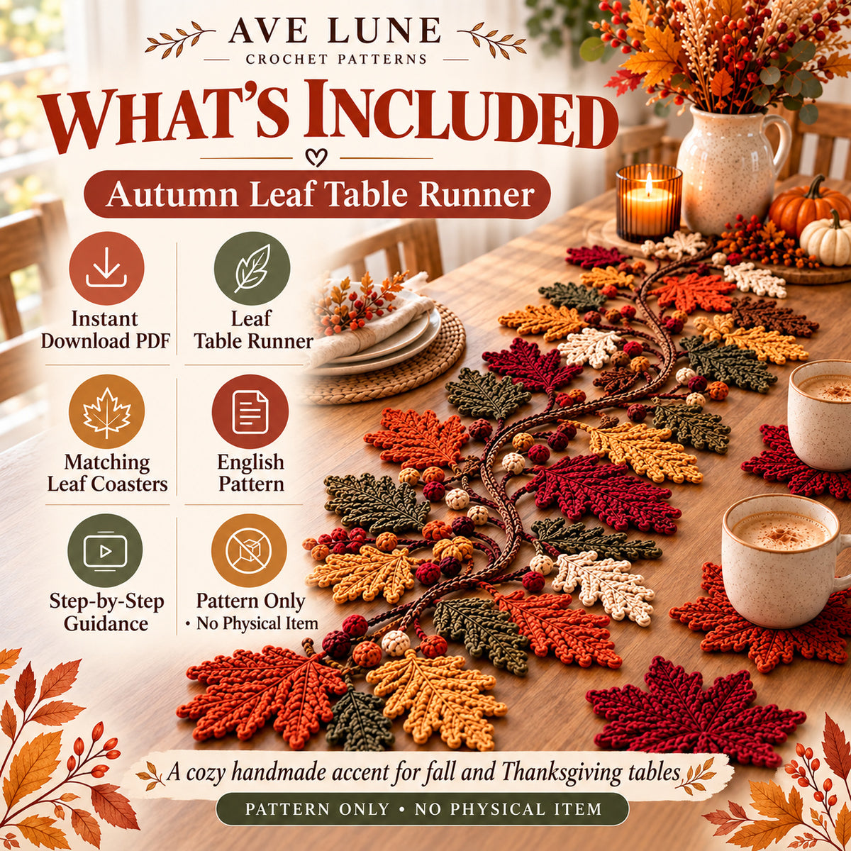 Autumn Leaf Table Runner & Coaster Crochet Pattern PDF – Fall Thanksgiving Table Decor