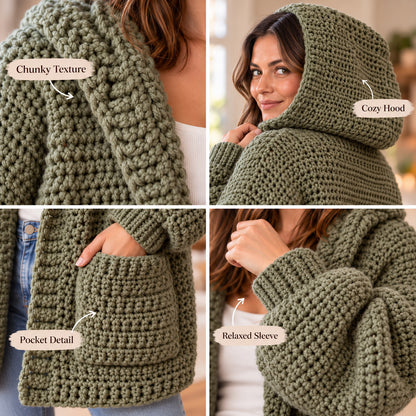 Chunky Hooded Cardigan Crochet Pattern PDF – Oversized Women’s Pocket Sweater