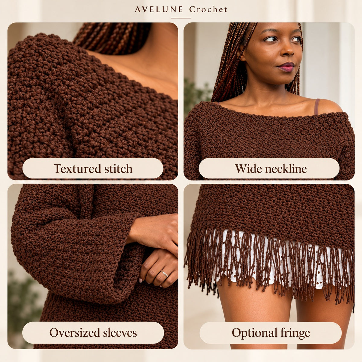 Coco Fringe Crochet Sweater Pattern PDF | Oversized Off-Shoulder Sweater XS–5XL