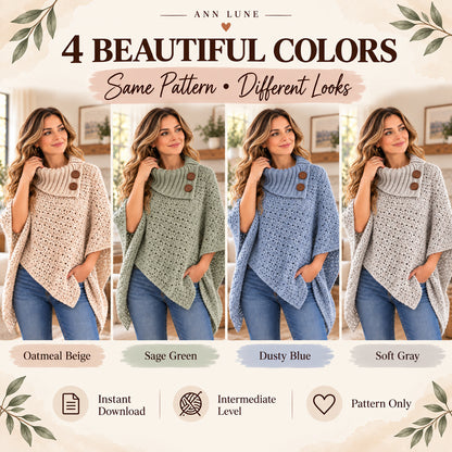 Cozy Buttoned Poncho Crochet Pattern PDF – Women’s Cowl Neck Crochet Poncho & Winter Wrap