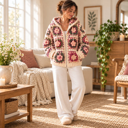 Floral Granny Square Hoodie Crochet Pattern PDF | 3D Flower Zip-Up Cardigan