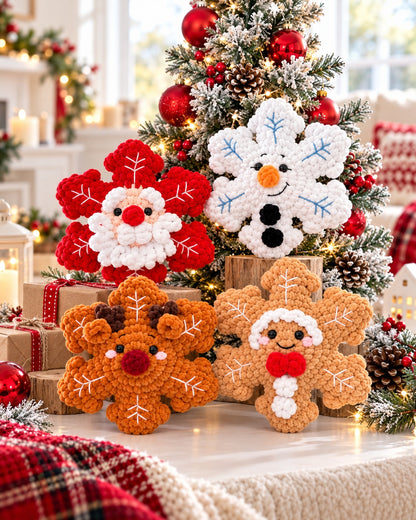 4-in-1 No-Sew Plush Christmas Snowflake Crochet Pattern PDF | Santa, Reindeer, Snowman & Gingerbread